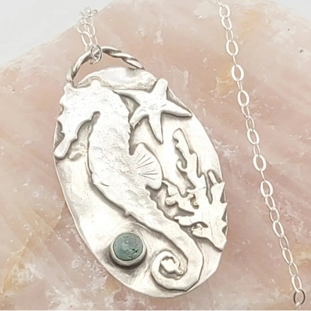 SEA HORSE TURQUOISE PENDANT HANDMADE IN STERLING SILVER METAL ABOUT 2"